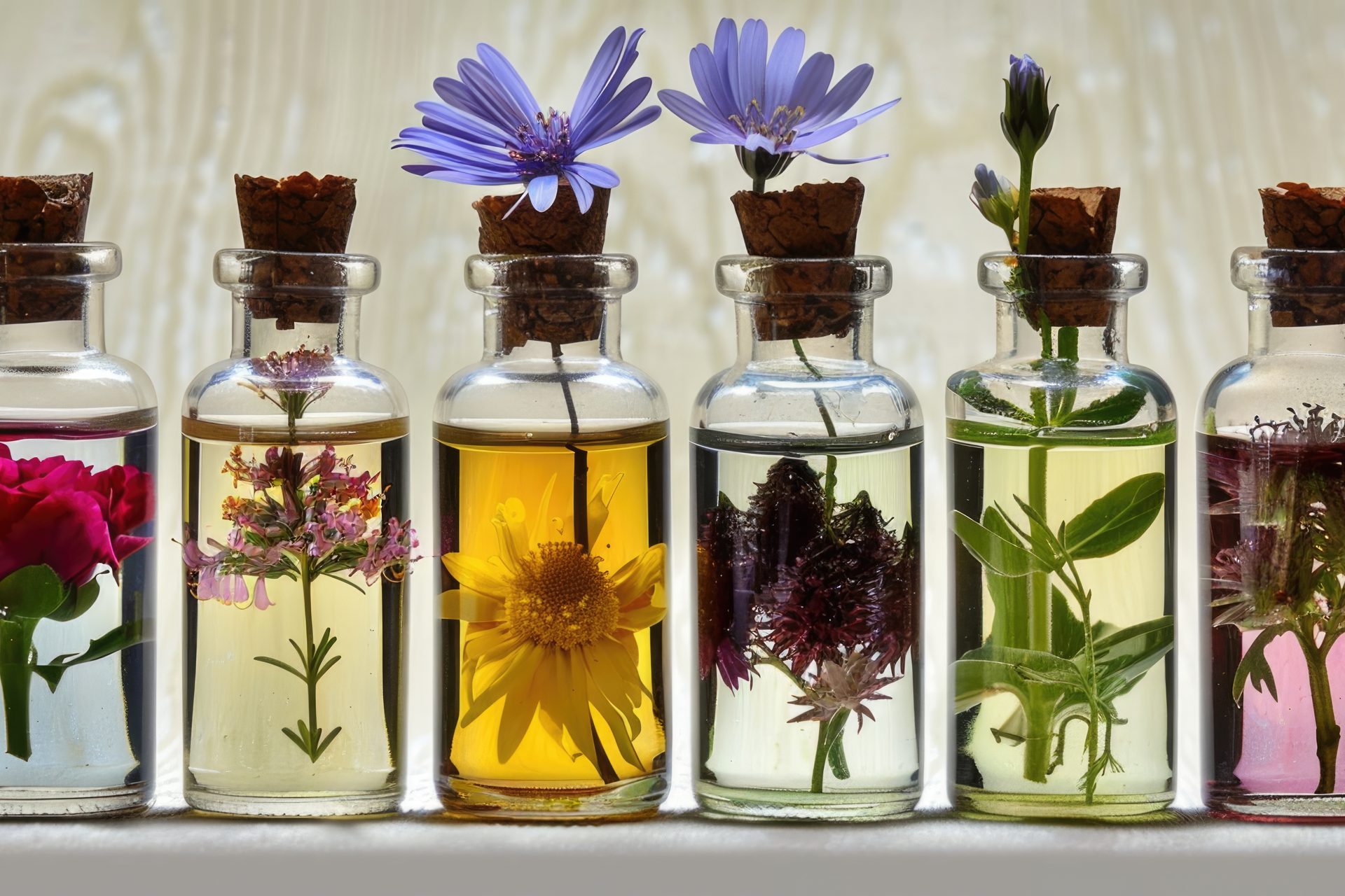 Hilera de frascos de vidrio con corcho y líquidos de colores, cada uno con flores y hierbas