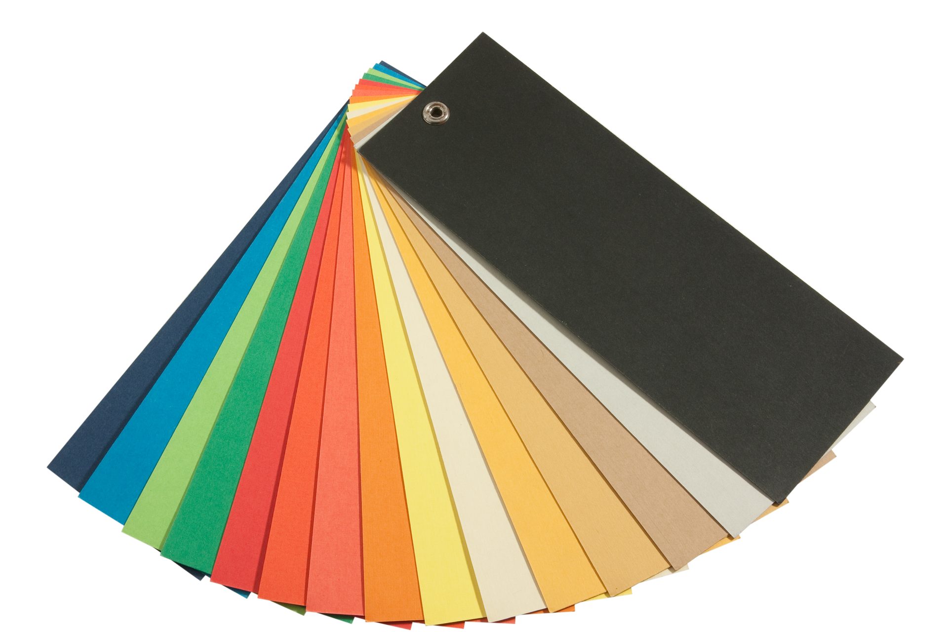 Fanned-out colour swatch cards in blues, greens, reds, yellows, neutrals and black
