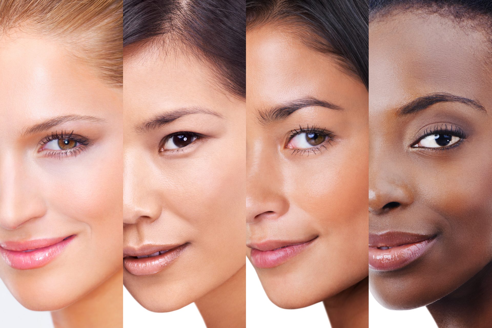 Four faces side by side in close-up, showing skin tones from fair to deep brown