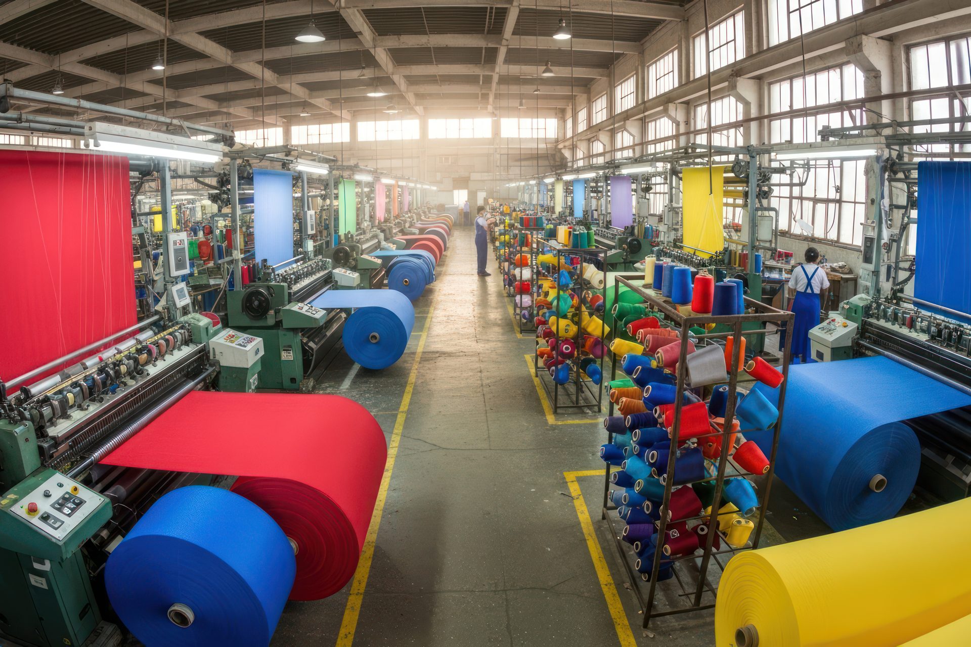 Nave de fábrica textil con grandes rollos de tela roja, azul y amarilla y estantes de bobinas de hilo de colores