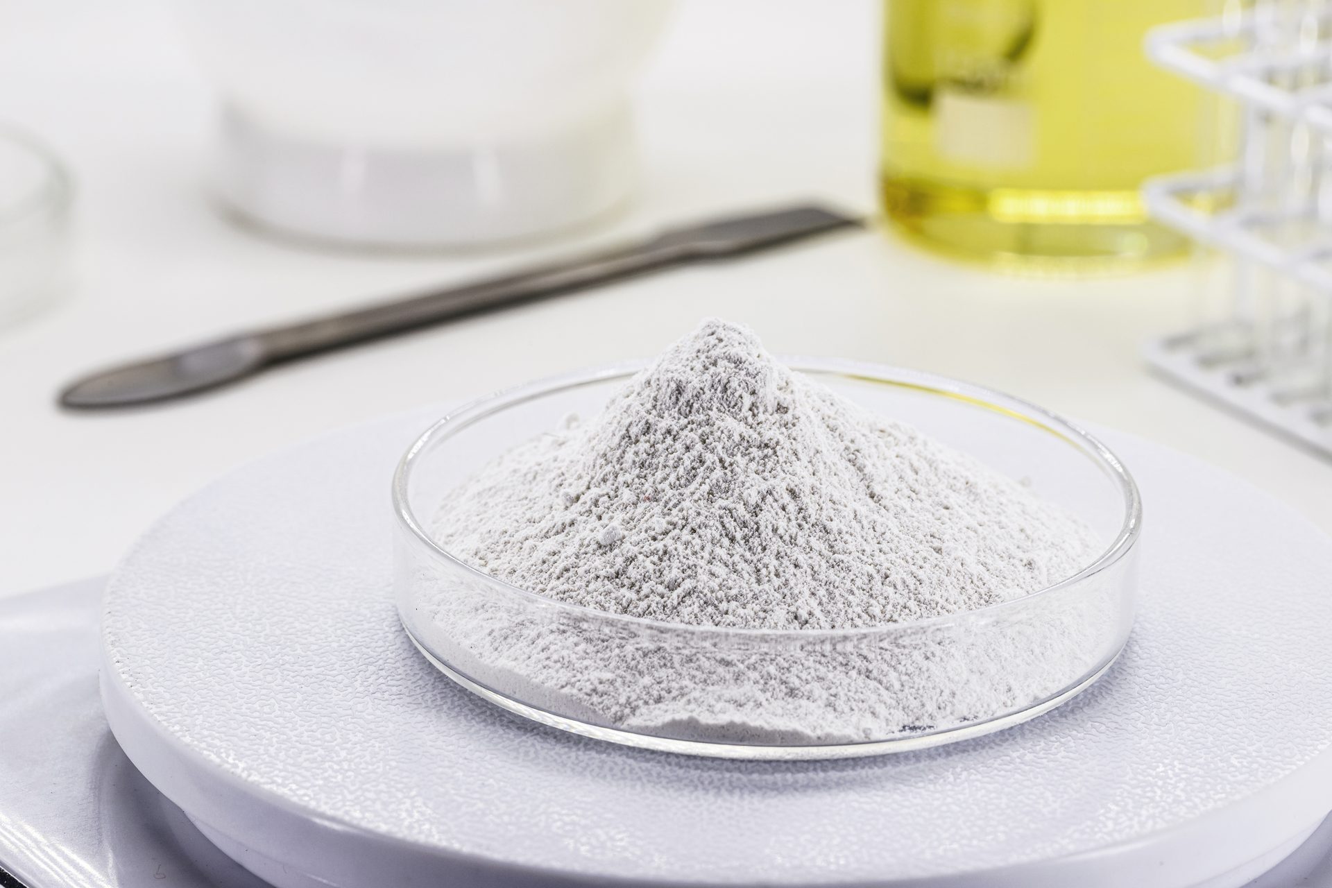 Fine white powder heaped in a glass Petri dish on a laboratory balance, spatula behind