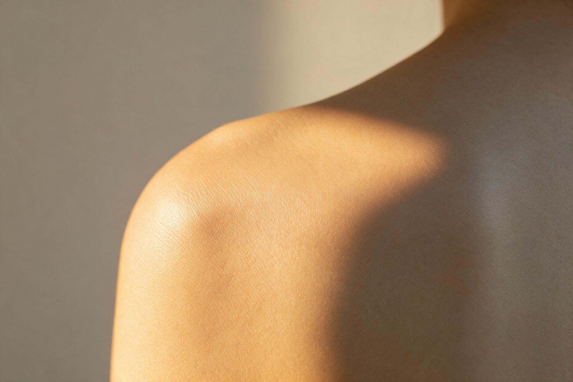 Primer plano de un hombro y la parte alta de la espalda desnudos, iluminados por luz solar cálida ante una pared gris