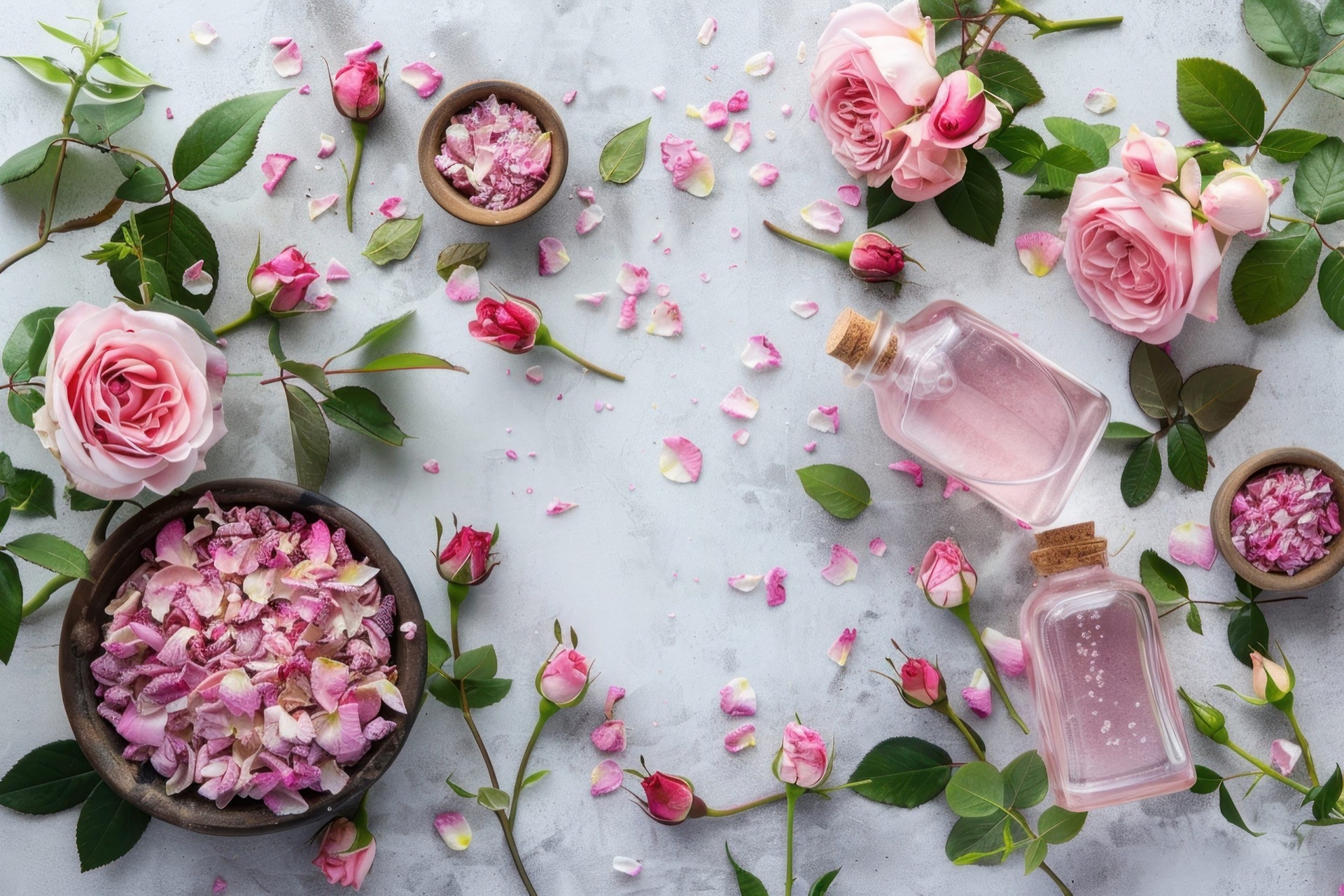 Pink roses, dried rose petals in wooden bowls and two glass bottles of pink liquid on grey stone
