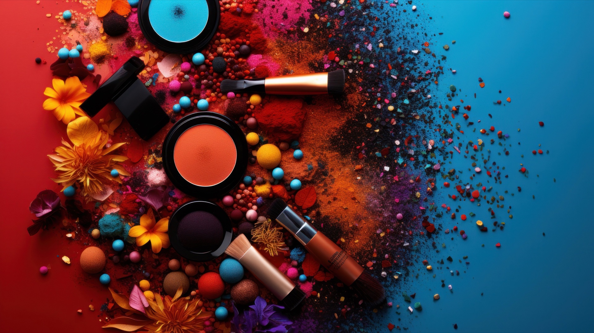 Estuches de maquillaje, brochas y pigmentos de colores esparcidos sobre un fondo de rojo a azul con flores