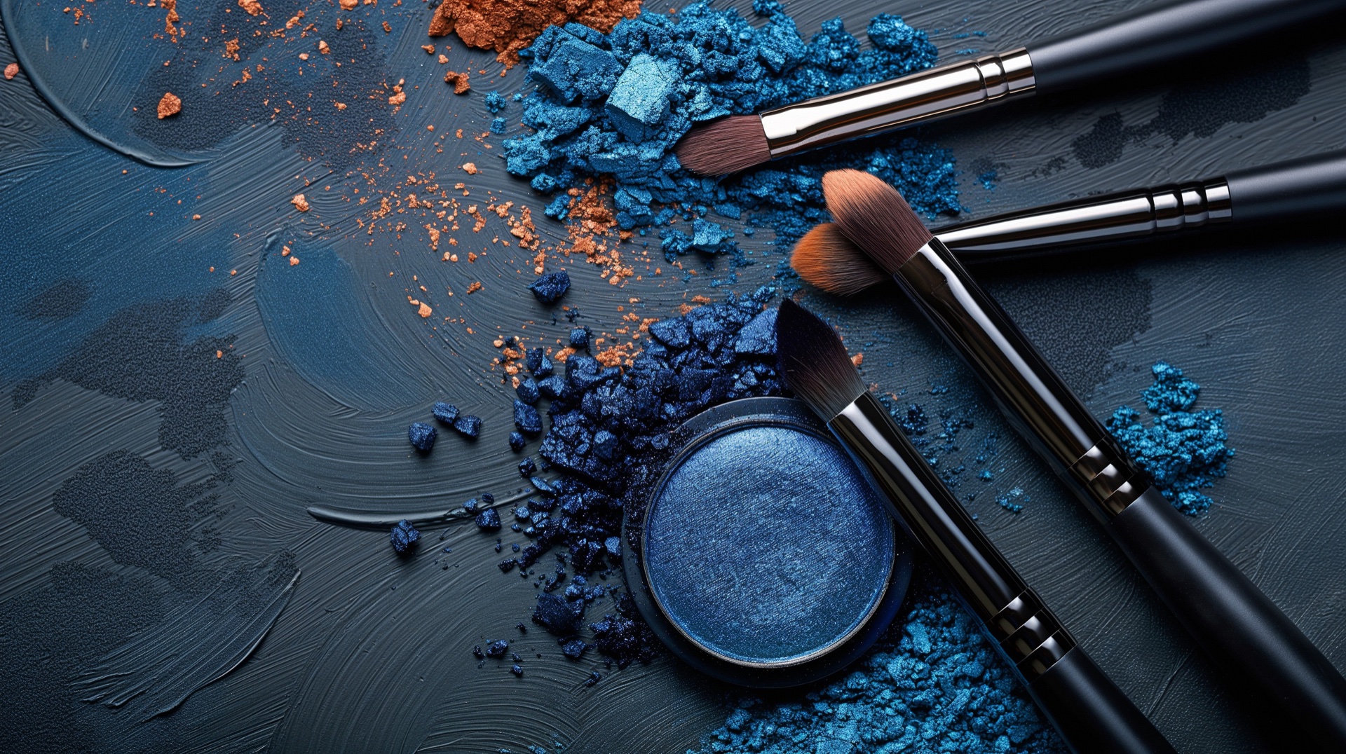 Blue eyeshadow pan and crushed blue pigment with make-up brushes on a dark blue surface