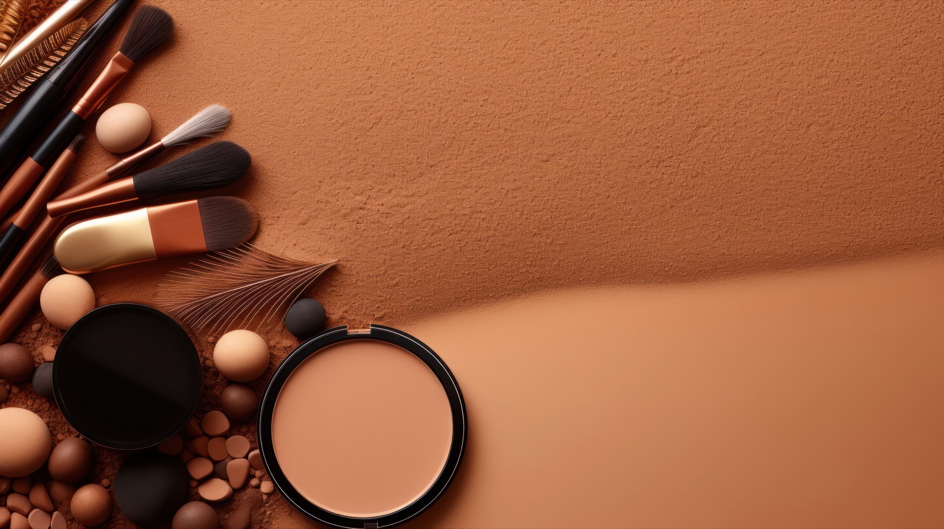 Brown and beige make-up compacts, brushes and sponges on a textured tan background
