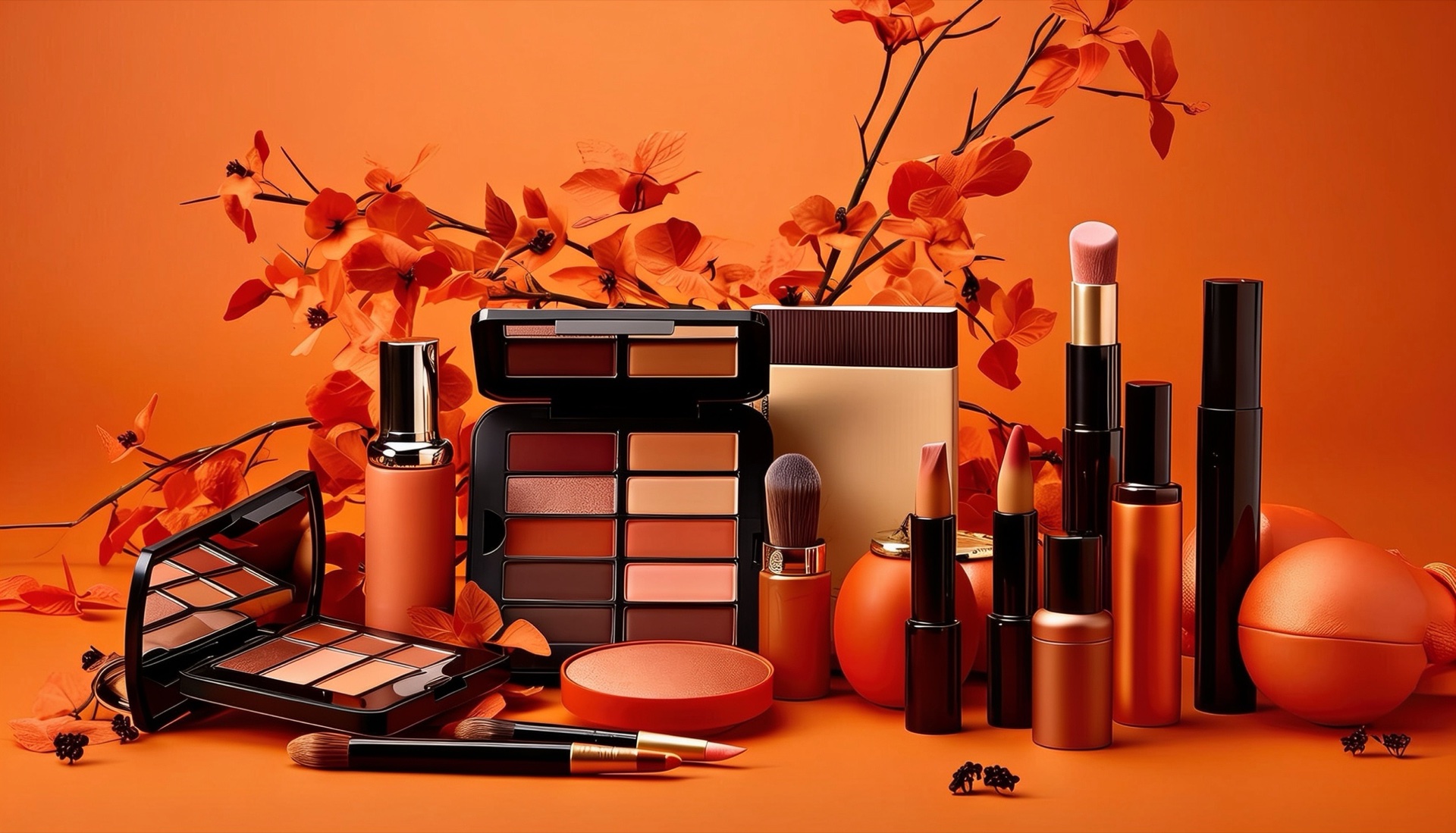 Eyeshadow palettes, lipsticks and cosmetic bottles in orange tones with orange flowers