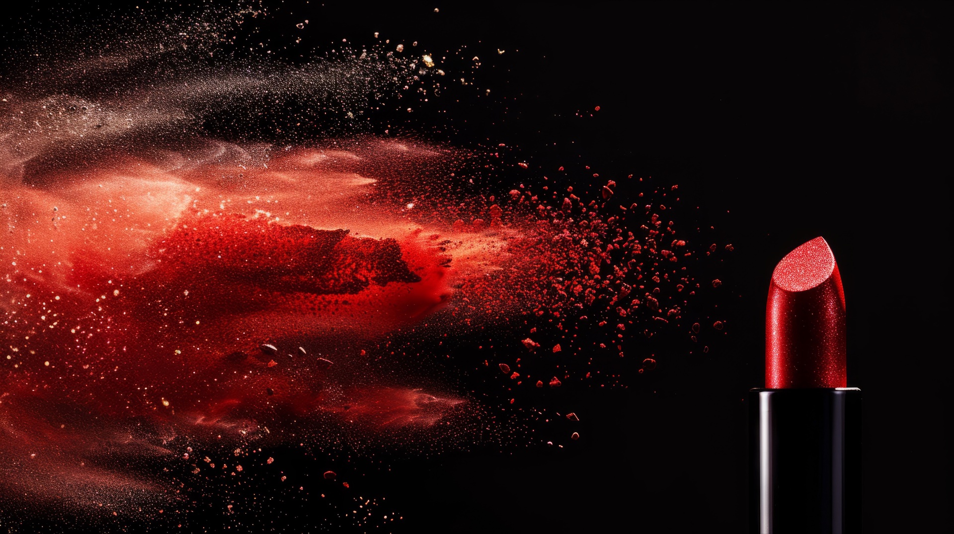 Red lipstick bullet beside a burst of red powder particles on a black background