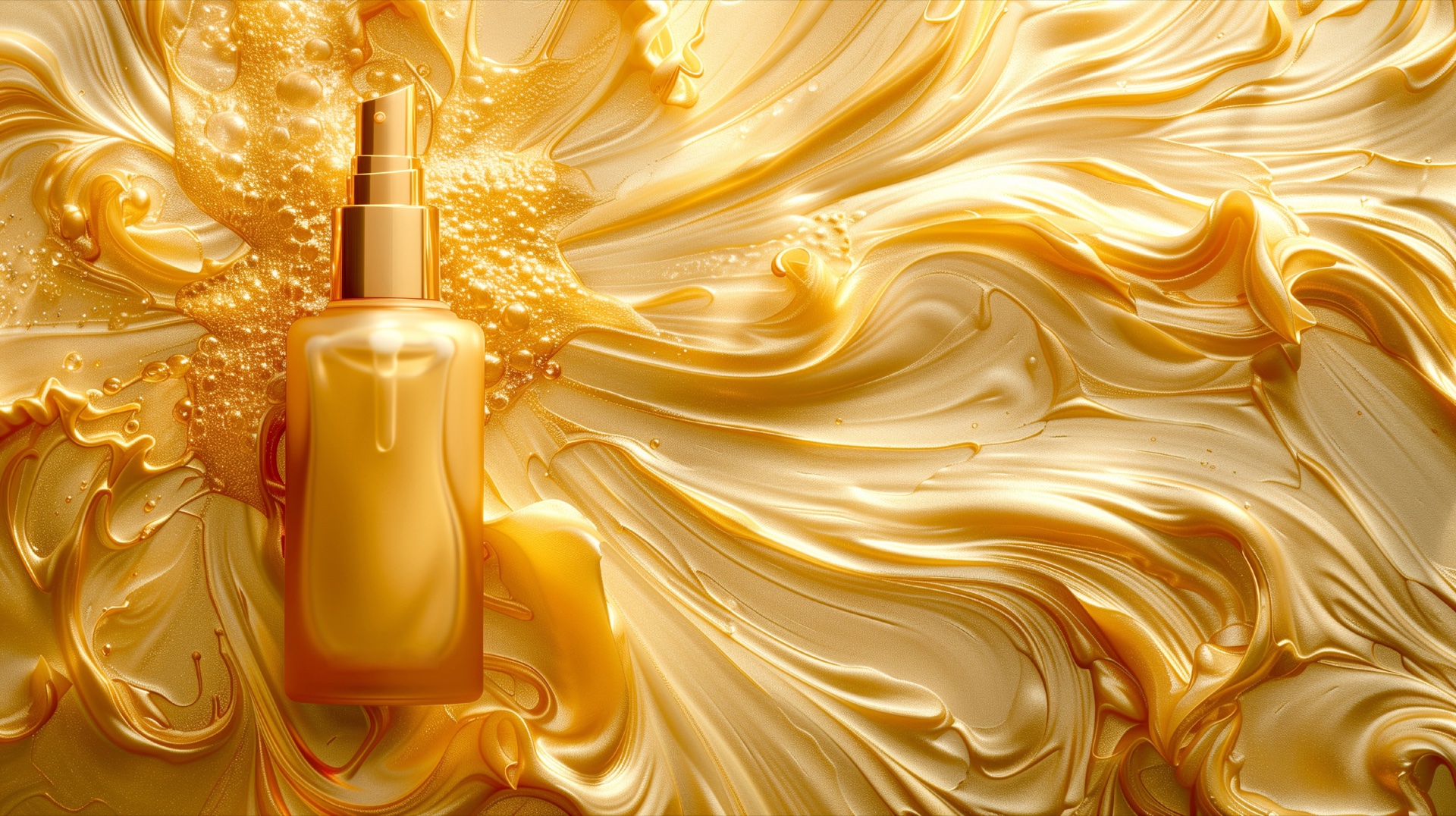 Golden pump bottle resting on swirls of glossy yellow-gold cream