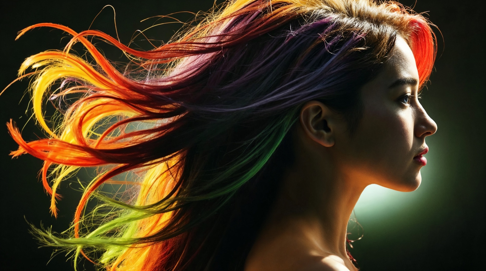 Woman in profile with long windswept hair dyed red, orange, yellow, green and purple