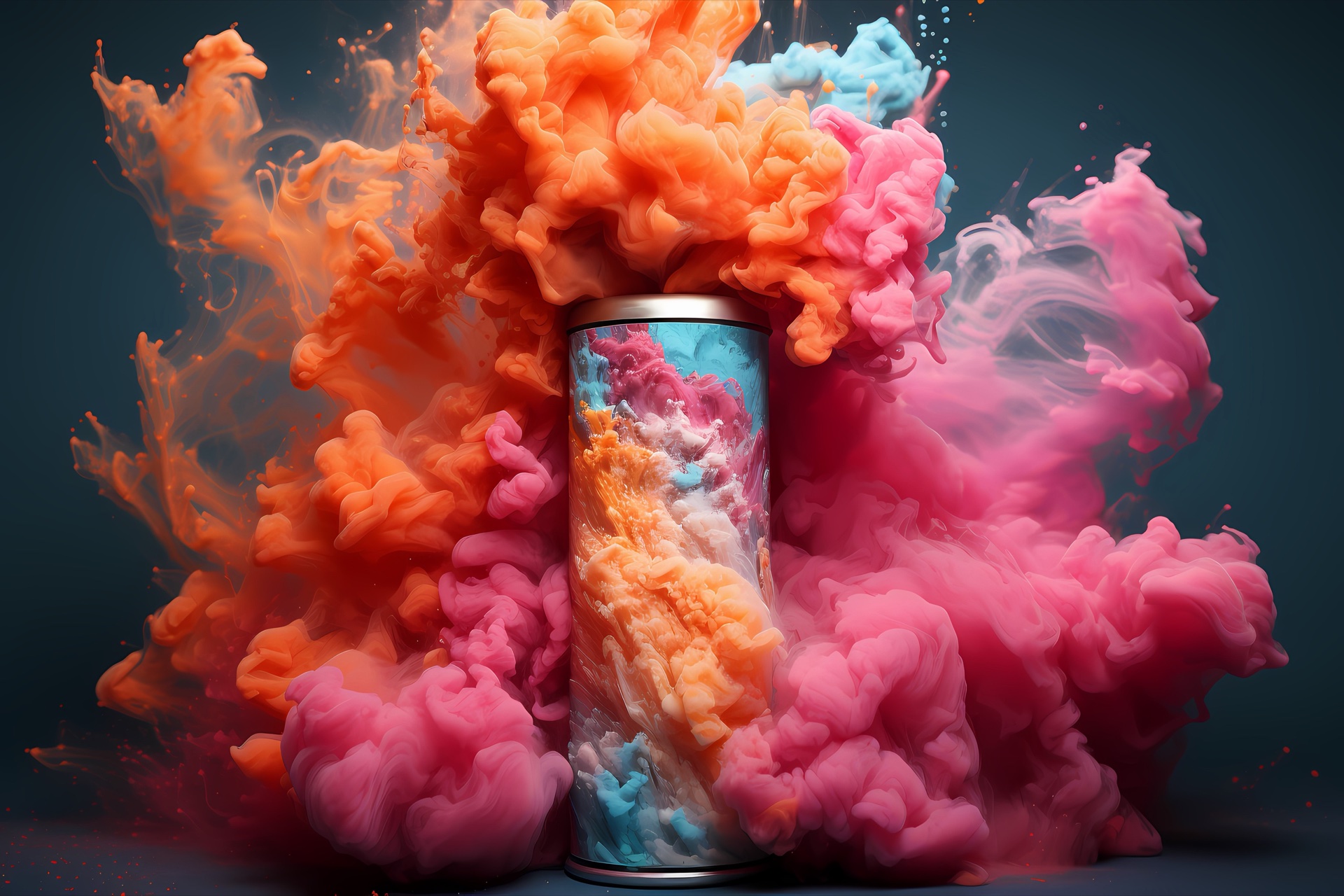Cylindrical container amid billowing clouds of orange, pink and pale blue coloured smoke