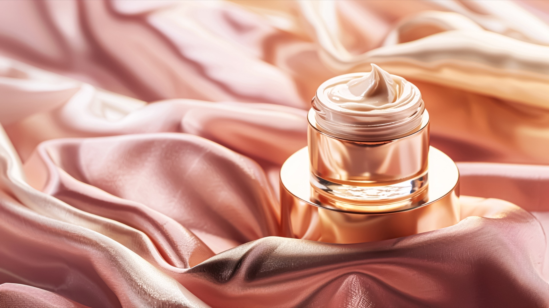 Open rose-gold jar of peach-coloured cream resting on folds of pink satin