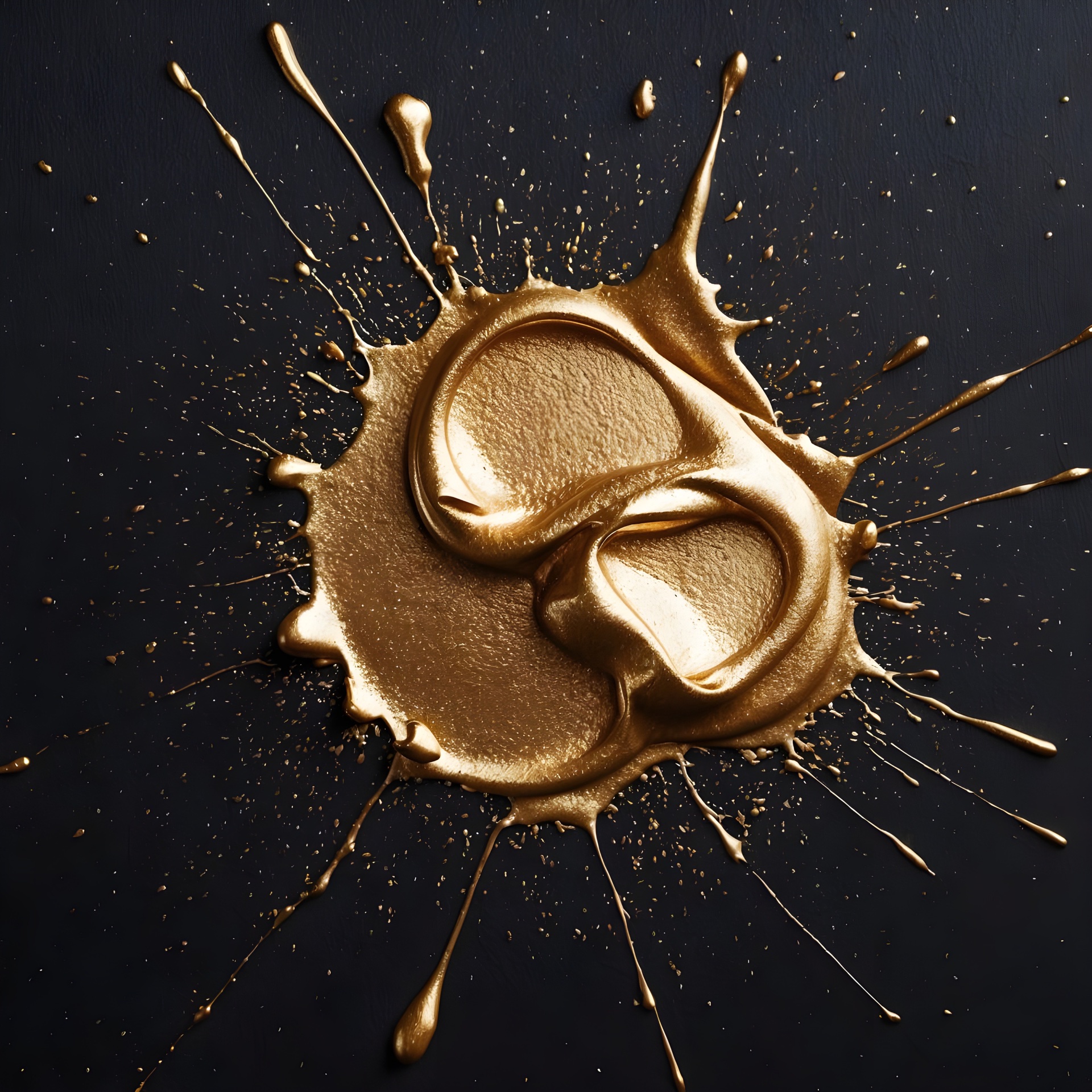 Splash of metallic gold paint with swirls and drips on a black background
