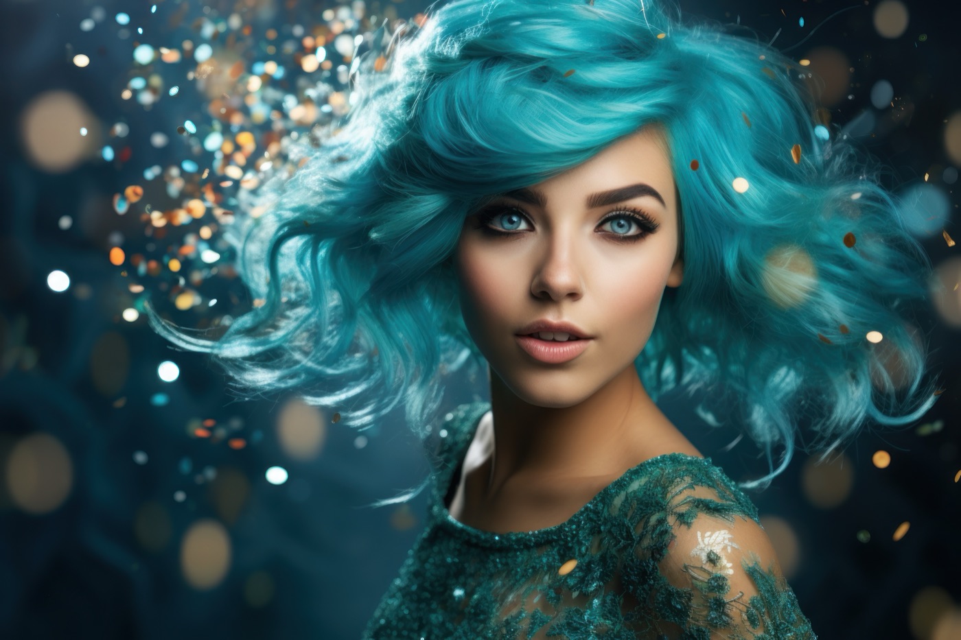 Woman with wavy turquoise hair and a green lace top against a sparkling blurred backdrop