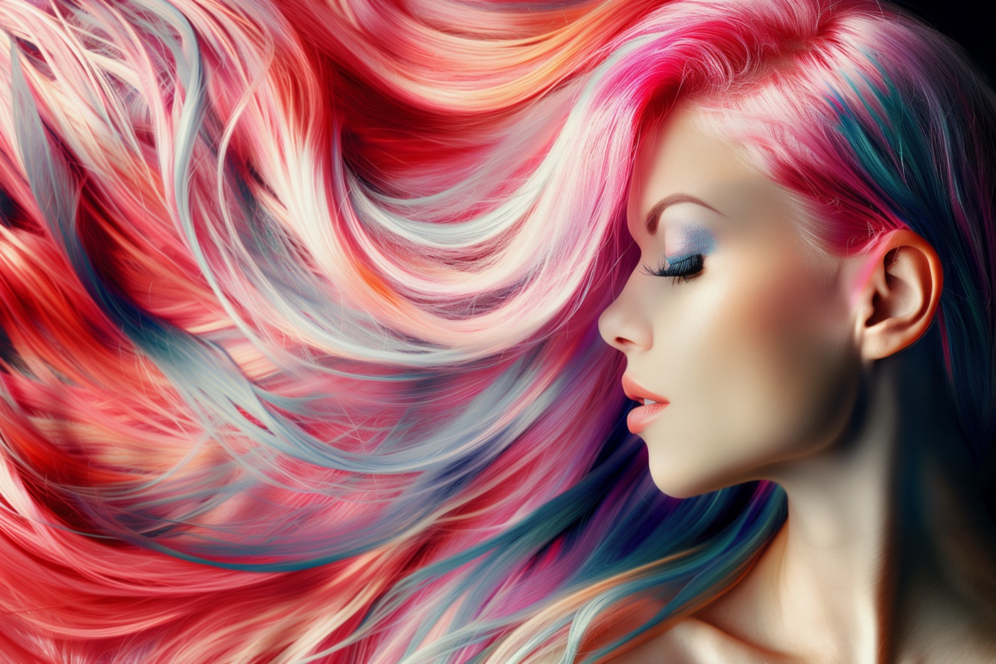 Woman in profile, eyes closed, with flowing hair in pink, red, white and teal streaks